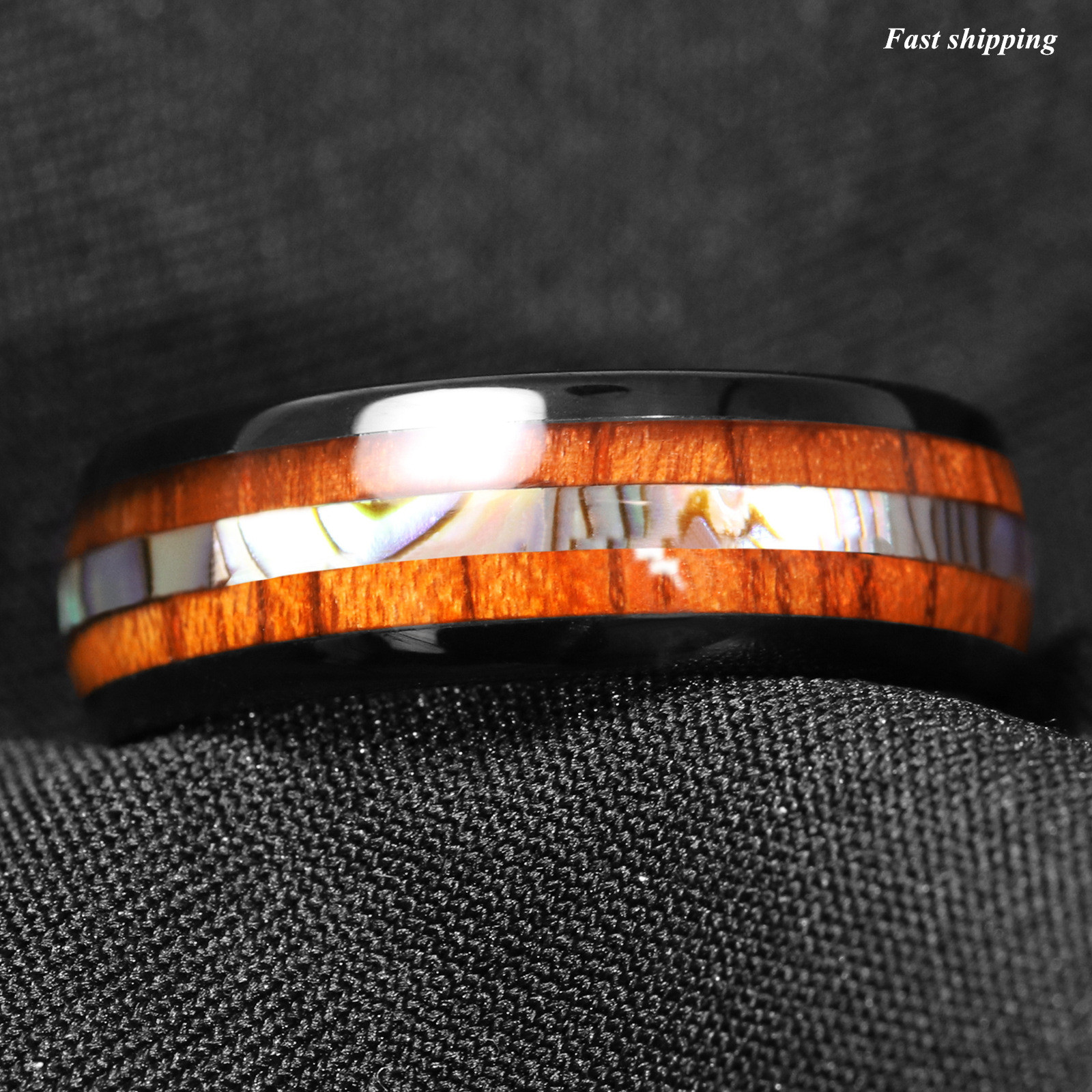 8/6mm Black Tungsten carbide ring Koa Wood ATOP Wedding Band Men Jewelry