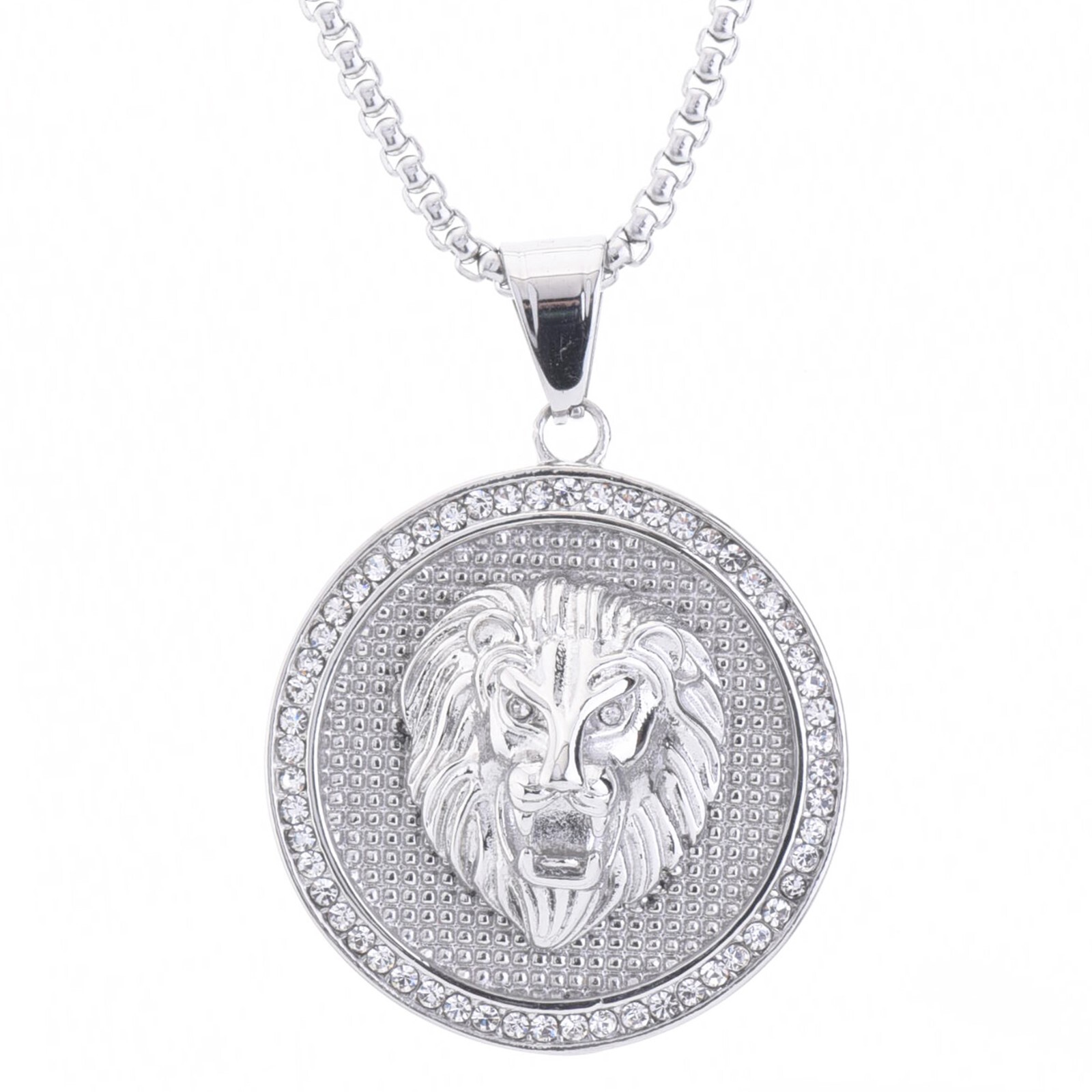 Stainless Steel Iced Silver Tone Lion Pendant Box Chain Stainless Steel Iced Silver Tone Lion Pendant Box Chain