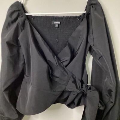 NWOT Express Satin Off Shoulder Smocked Crop Top Side Tie Womens Small Black