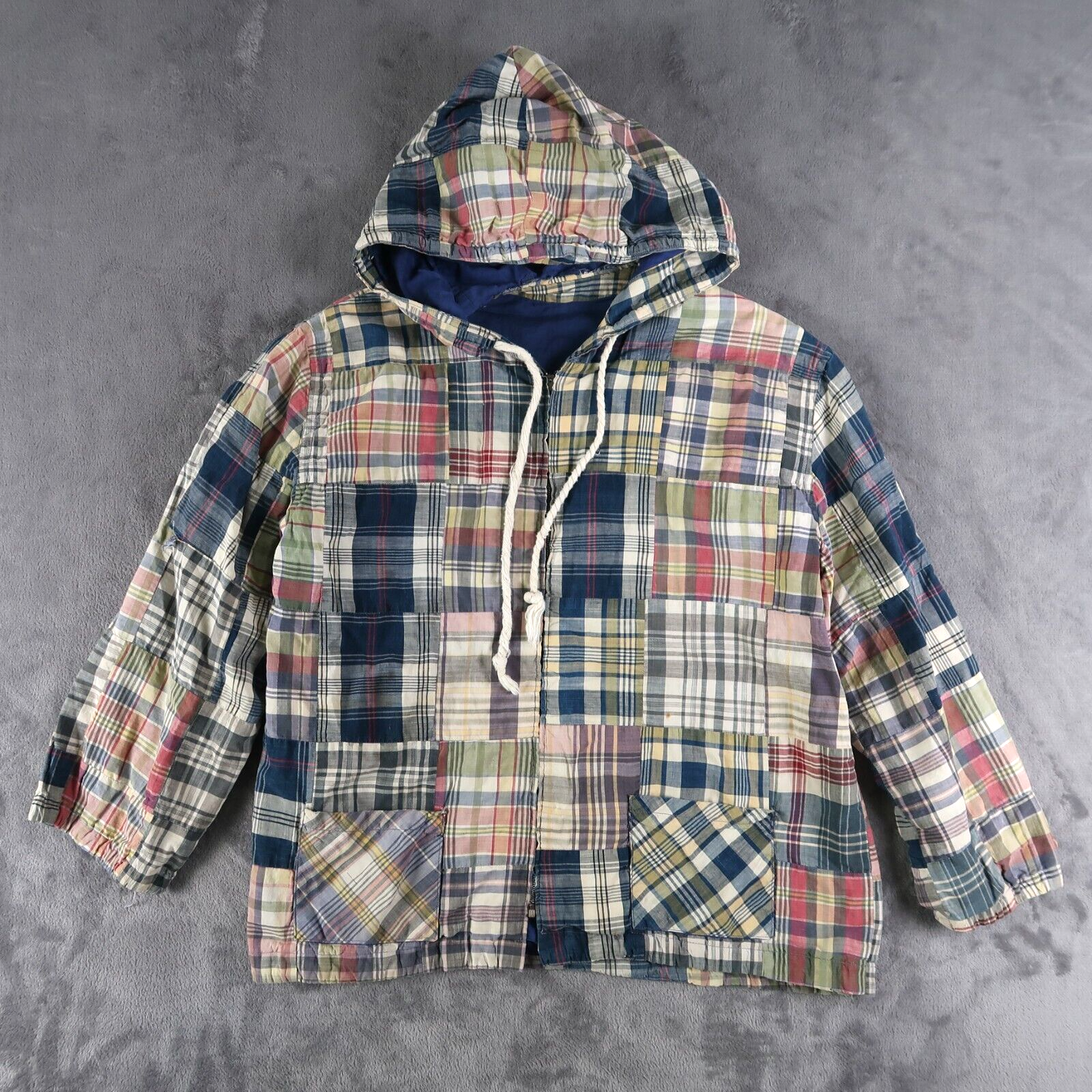 Vintage 60s Jacket Patchwork Madras Plaid Full Zip Hooded Mens L Large