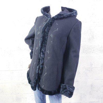 Vtg Espirit Coat Wool Blend Black Embroidered Hooded Faux Fur Trim Penny Lane XL