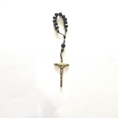 Vintage Black Faceted Bead Pocket Rosary Gold Tone Crucifix Si...