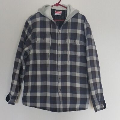 WRANGLER Authentic Blue and Gray checkers Flannel Hooded Shirt Jacket Size M