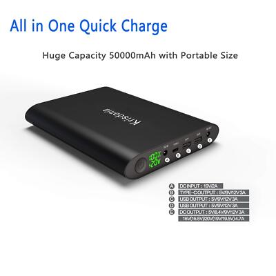 50000mAh Laptop Power Bank 5/9/12/16/19/20V Portable Laptop Battery Charger