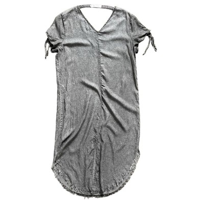 Billy T Faded Washed Black Chambray Denim Short Sleeve Fringe Midi Dress size L
