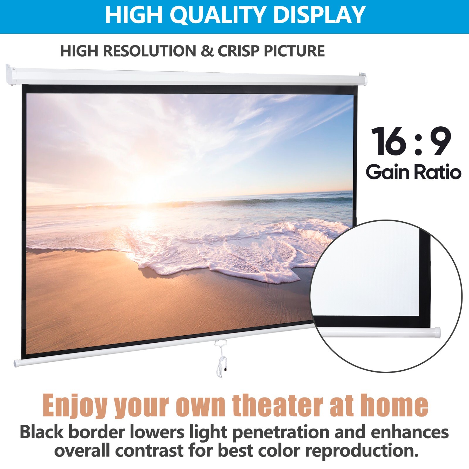 Projector Screen 100'' 16:9 HD Manual Pull Down Projection Screen for Home Use