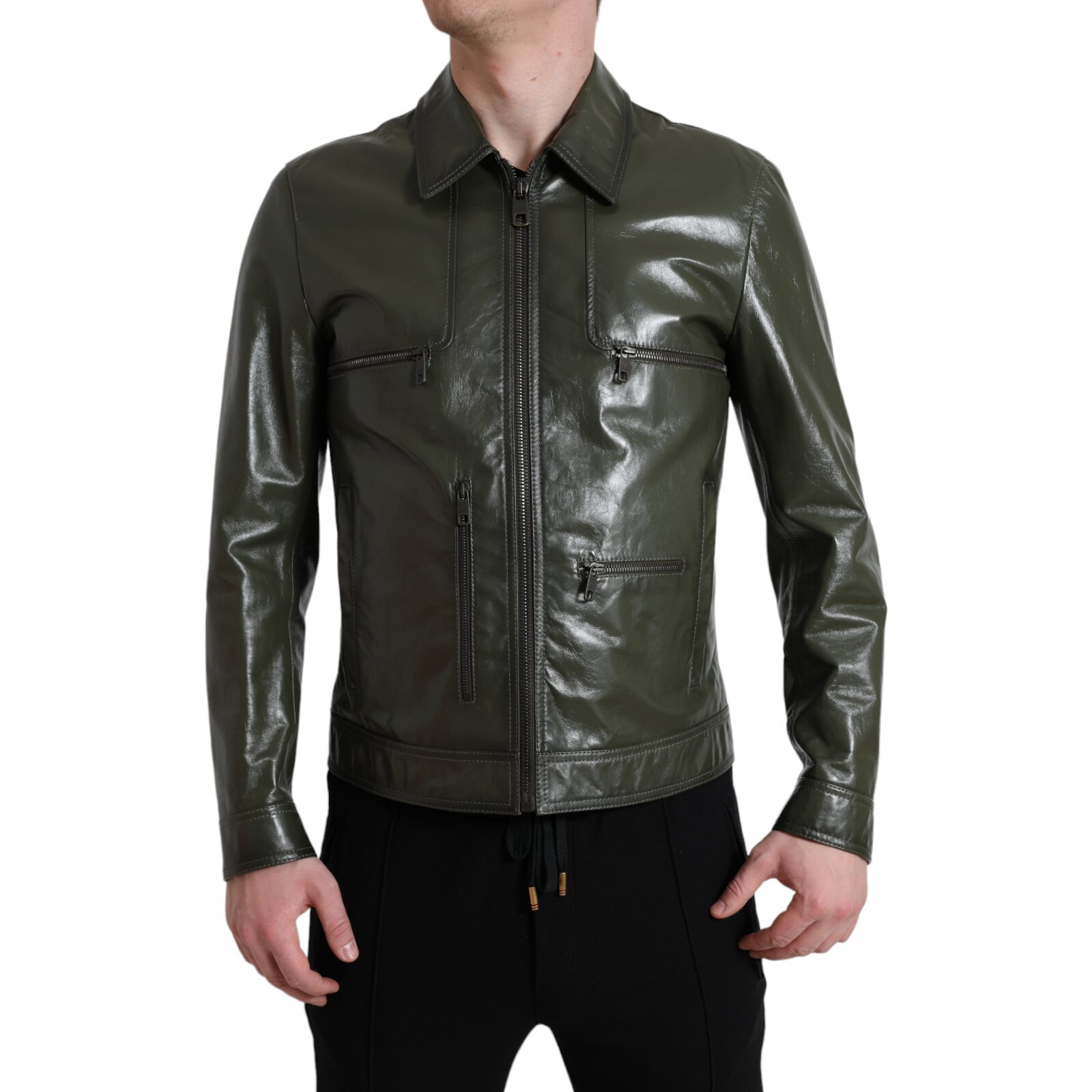 DOLCE & GABBANA Jacket Green Leather Collared Biker Full Zip