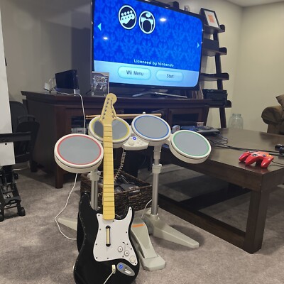 Nintendo Wii Rock Band Bundle W/ DrumSet And Pedal / Wireless Guitar And Game