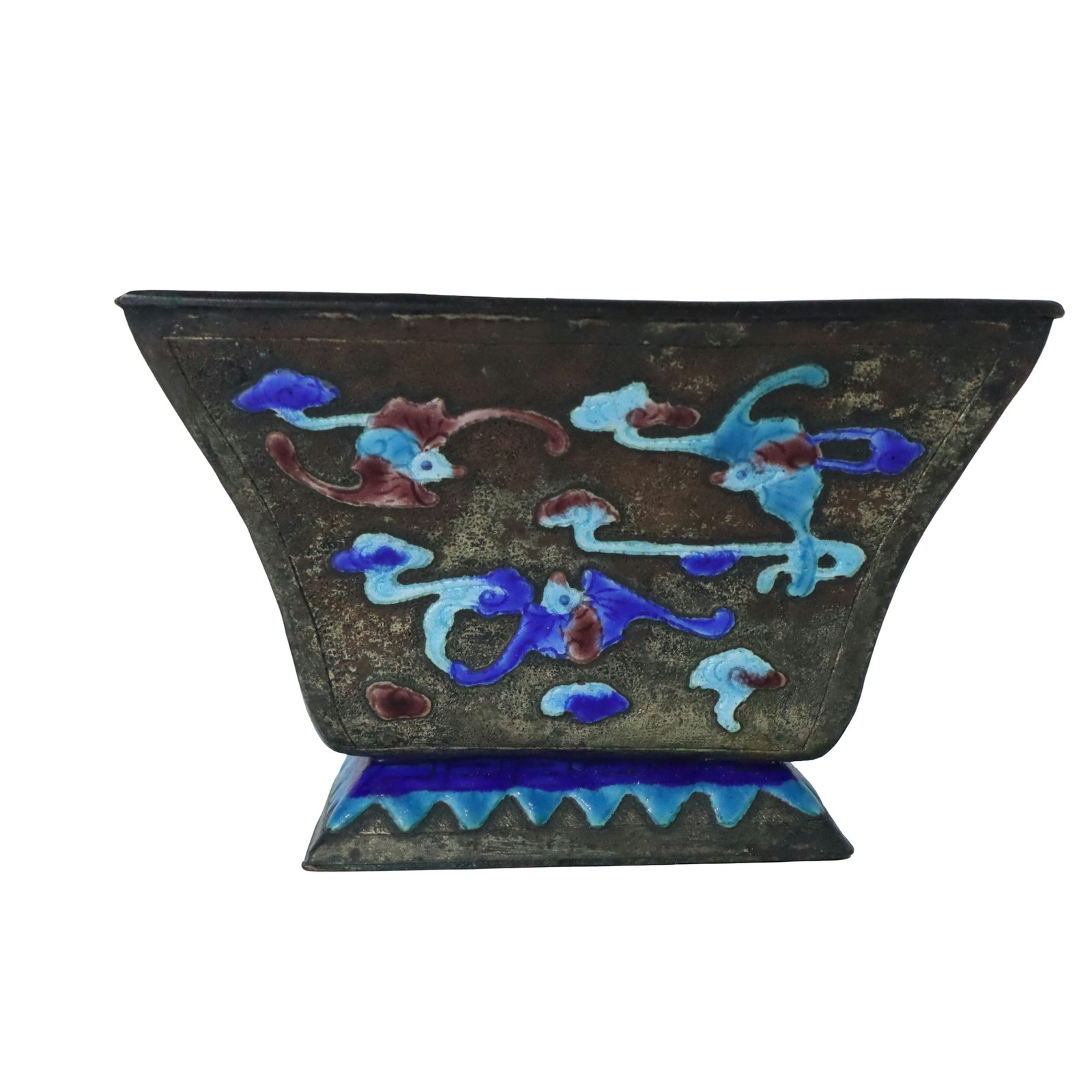 Antique Chinese Cloisonne Canton Enamel Bronze Square Planter Bonsai