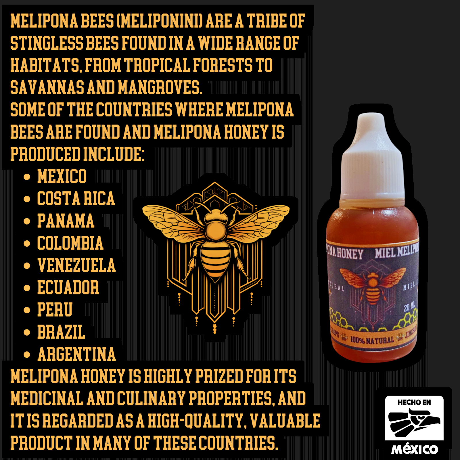 JIMERITO HONEY, MIEL MELIPONA GOTAS, 20ML,100% PURE ORIGINAL HONEY FROM MEXICO!