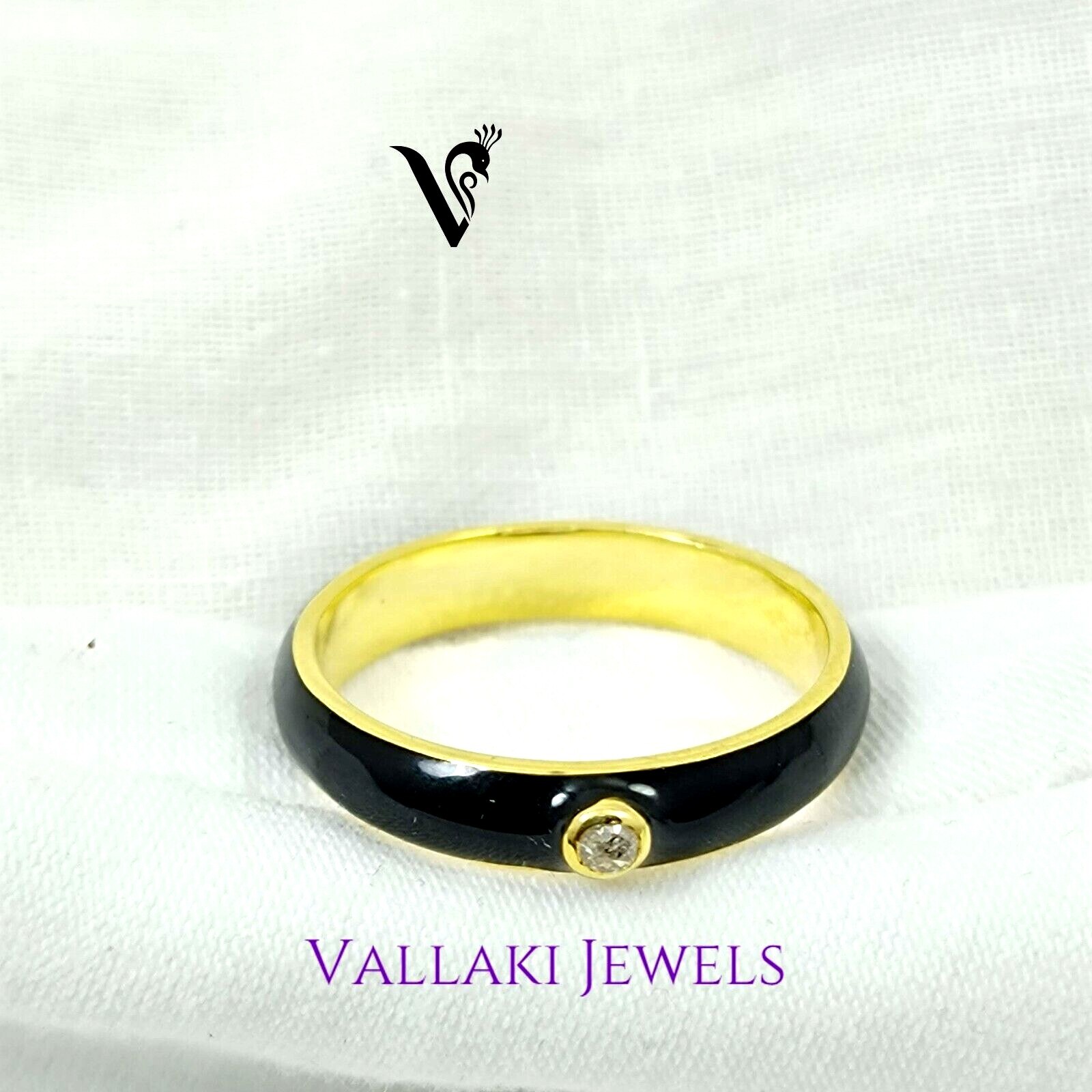 HANDMADE Black Enamel Ring Band with Solitaire Pave Diamond 925Sterling Silver