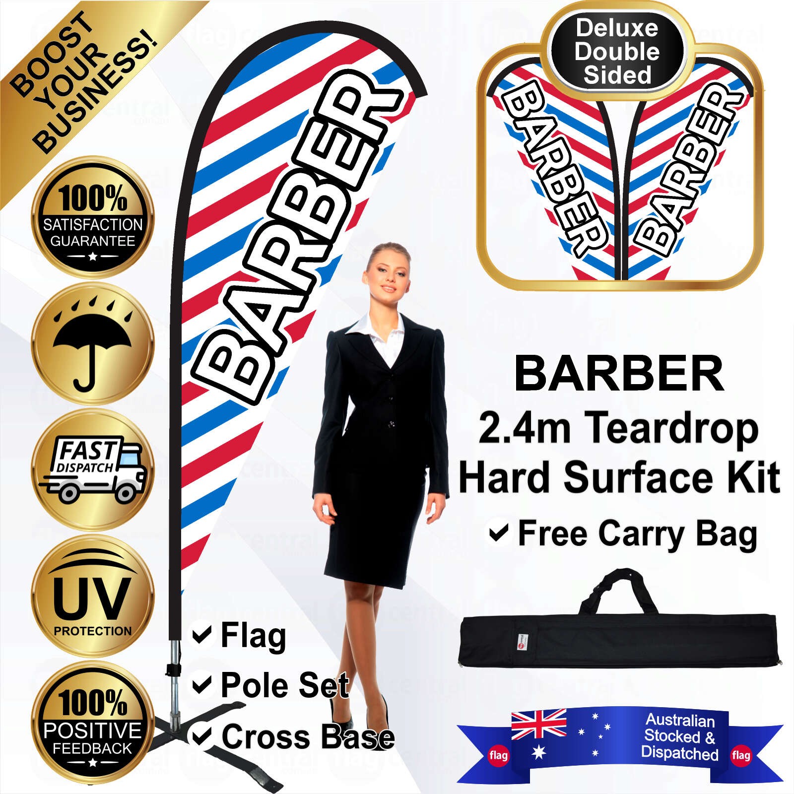 BARBER Deluxe Double-Sided Red 2.4m Teardrop Flag / Banner Kit with Pole Set, Steel Outdoor Cross Base and a Free Carry Bag