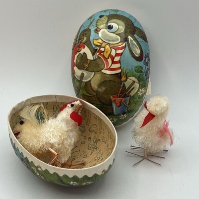 Vtg German Paper Mache Easter Egg Candy Container w/ 3 Chenille Chicks Peeps 5''
