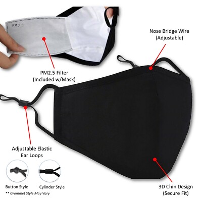 Reusable Washable Cotton Cloth Face Mask Cover + PM2.5 Carbon Filter (Black)