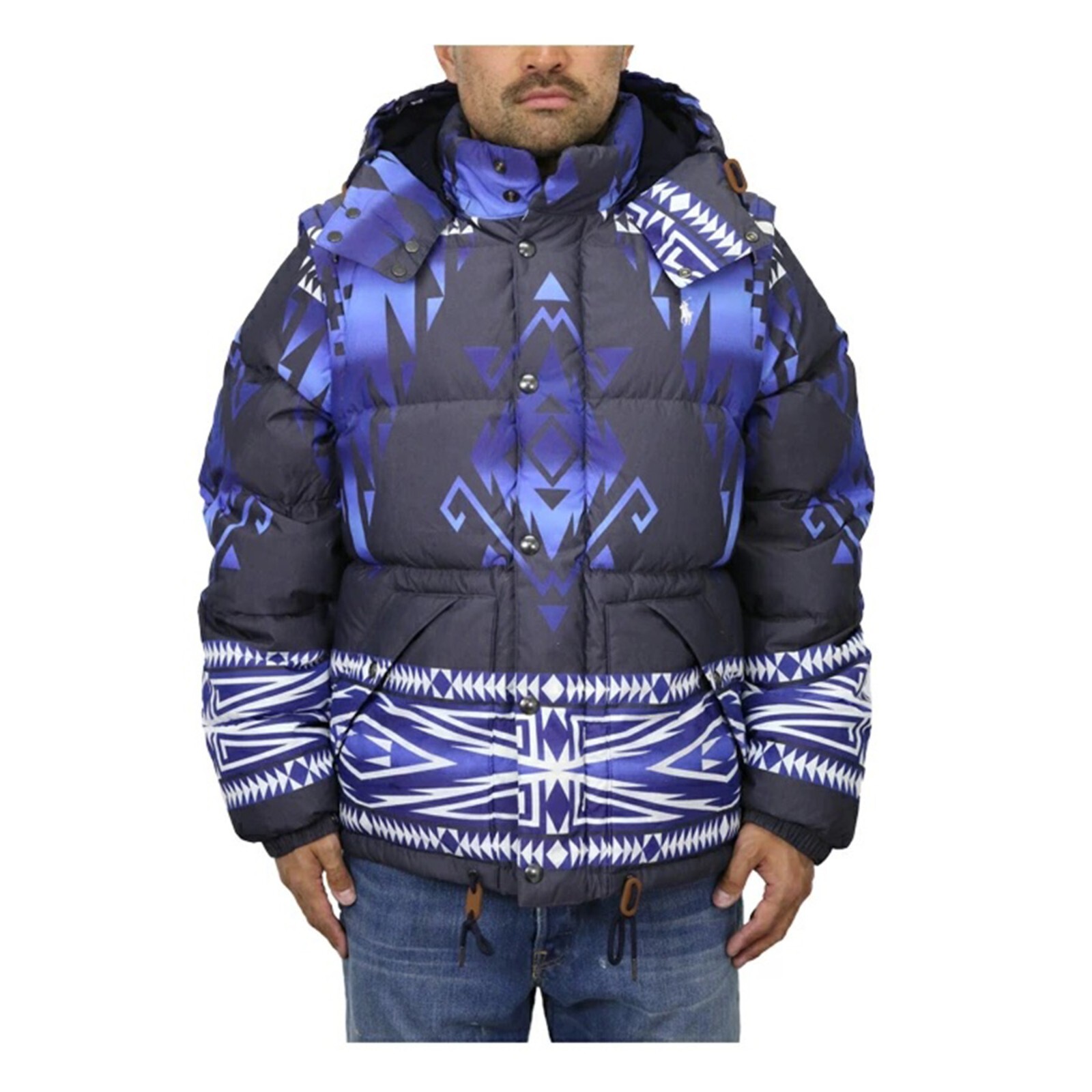 Pre-owned Polo Ralph Lauren Men's 2-way Native Print Hooded Puffer Down Jacket Vest In Blue