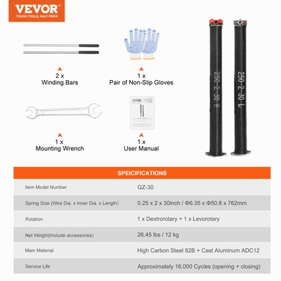VEVOR Garage Door Torsion Springs Pair of 0.25 x 2 x 30inch with Winding Bars
