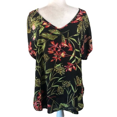 PHILOSOPHY Black Floral Print V-Neck Tee Blouse S NWT Soft Tropical Colorful 