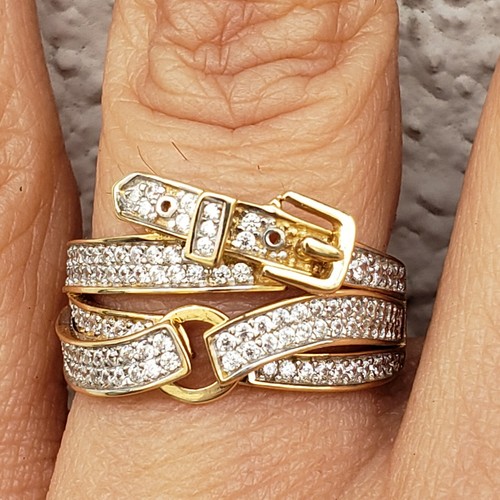 Pre-owned Buckle Wide Real 14k Yellow Gold Belt  Ring Size 56789 1.5 Carat Cz In White