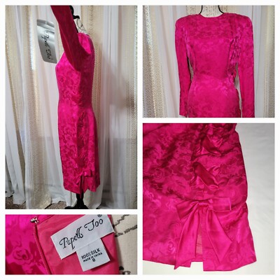 Papell Too 100% Silk Pink Magenta Dress L/S Midi Women's Size 8