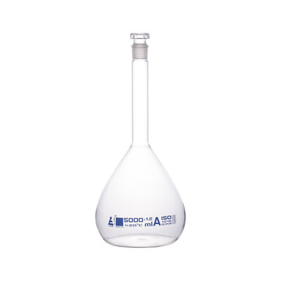 Eisco Labs 5000ml Volumetric Flask with Stopper - Class A Borosilicate Glass