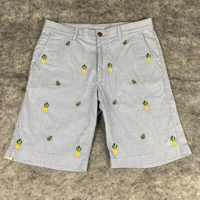 Caribbean Men's 34 Blue &White Pinstripe Hawaiian Pineapple Embroidered Shorts