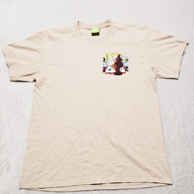 HUF WAIT WHAT Graphic Logo Front Back Mens L T-Shirt Tan Brown