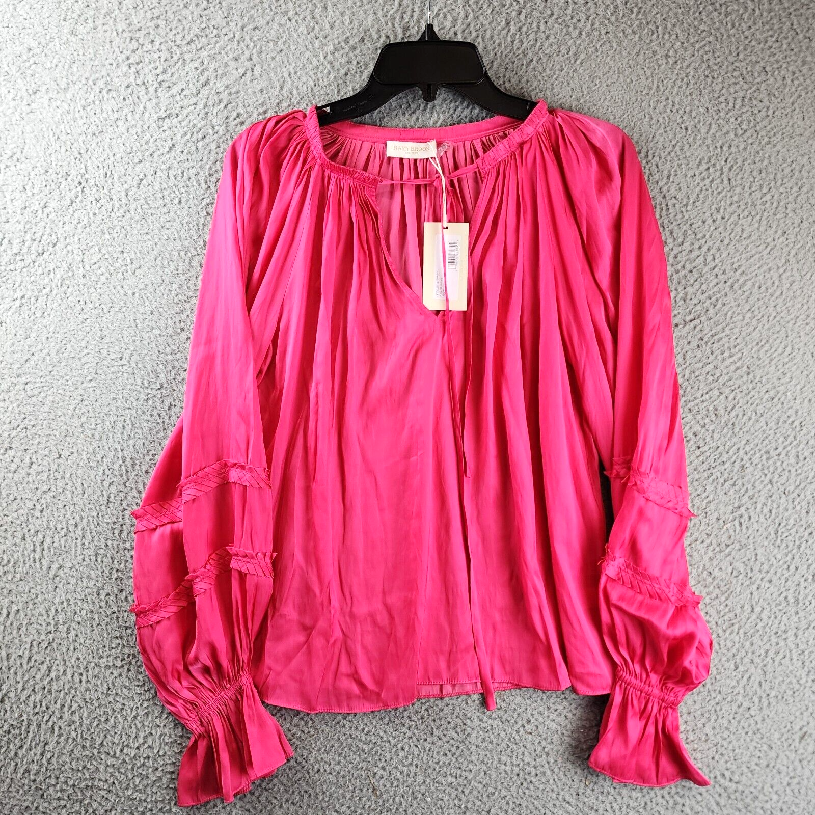 Ramy Brook Maty Balloon Sleeve Top Women's XS Bright Pink V-neck Tie Pullover~ - Picture 1 of 12