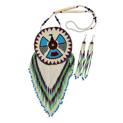 Handmade beaded Cream Cyan Blue Thunder bird 5 inch necklace earrings set