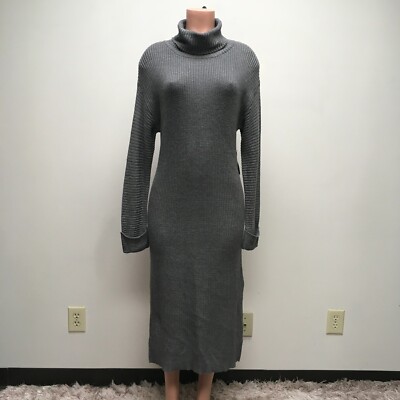 Stitch Drop Womens Gray Turtle Neck Ribbed Long Sleeve Midi Sweater Dress M