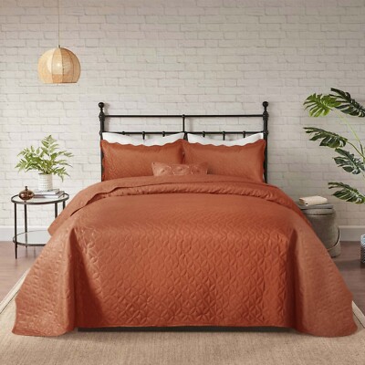 Quilted Bedspread 3 Piece White Twin Queen King Size Embossed Coverlet Bed Throw