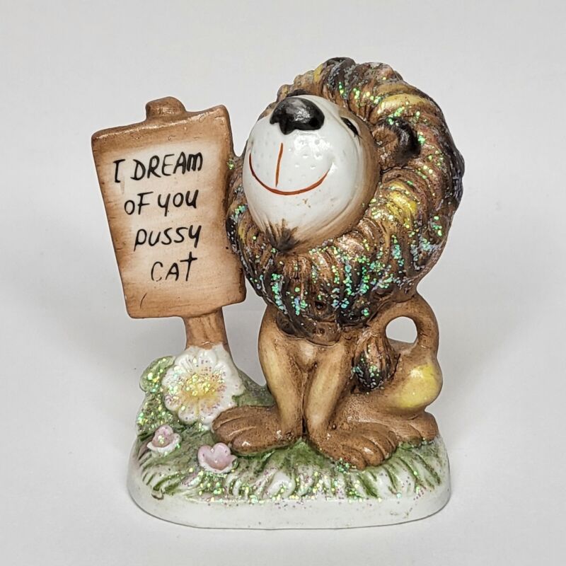 Lion Figurine Dream of You Pussy Cat Glitter 1970s Vintage Kitschy