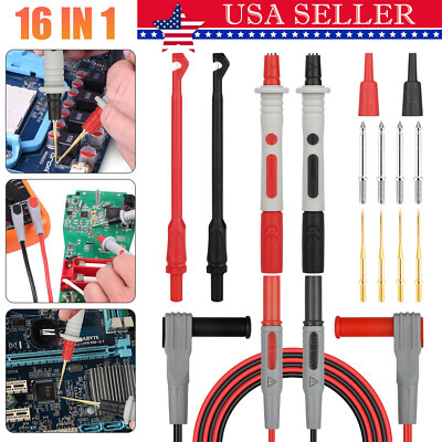 16Pcs Multimeter Test Lead Kit Wire Piercing Clip Puncture Probe Banana Plug Set