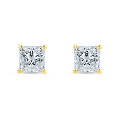 Pre-owned Shine Brite With A Diamond 4.50 Ct Princess Cut Earrings Studs Real Solid 14k Yellow Gold Push Back Martini In White/colorless