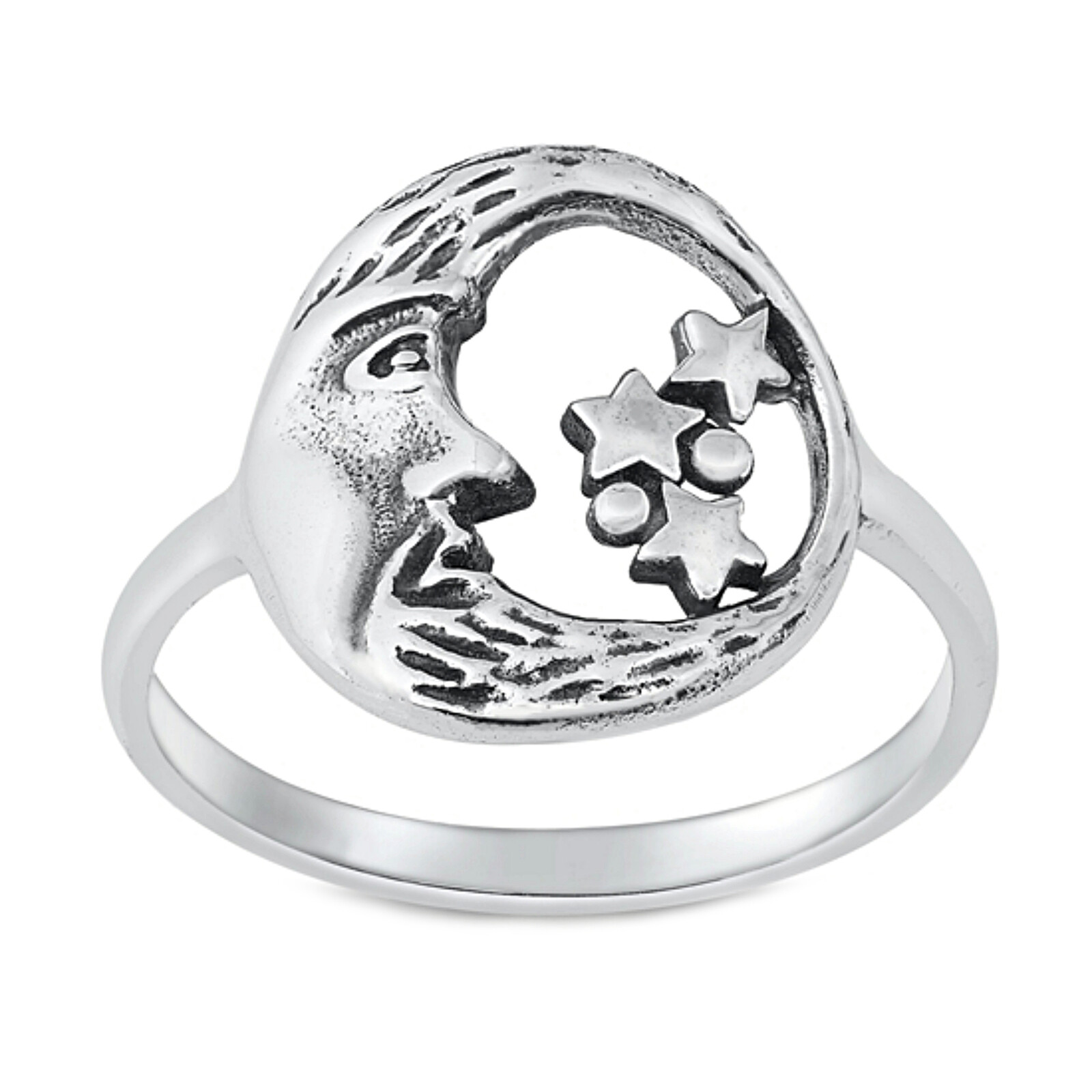 Solid 925 Sterling Silver 15.3mm Crescent Moon Face & Stars Karma Ring  Sizes 5- - Picture 2 of 3