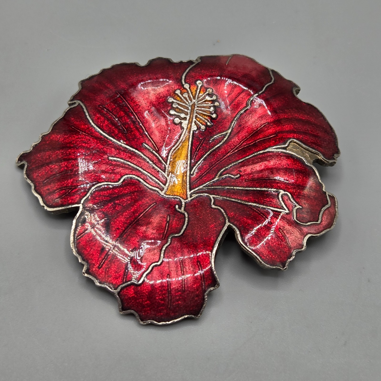 Vintage Enamel Poppy Flower Brooch Pin Red on Silver Tone Metal