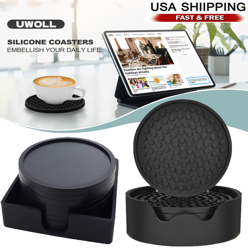 Silicone Drinks Coasters Non-Slip Cup Mat Pad With Holder Round