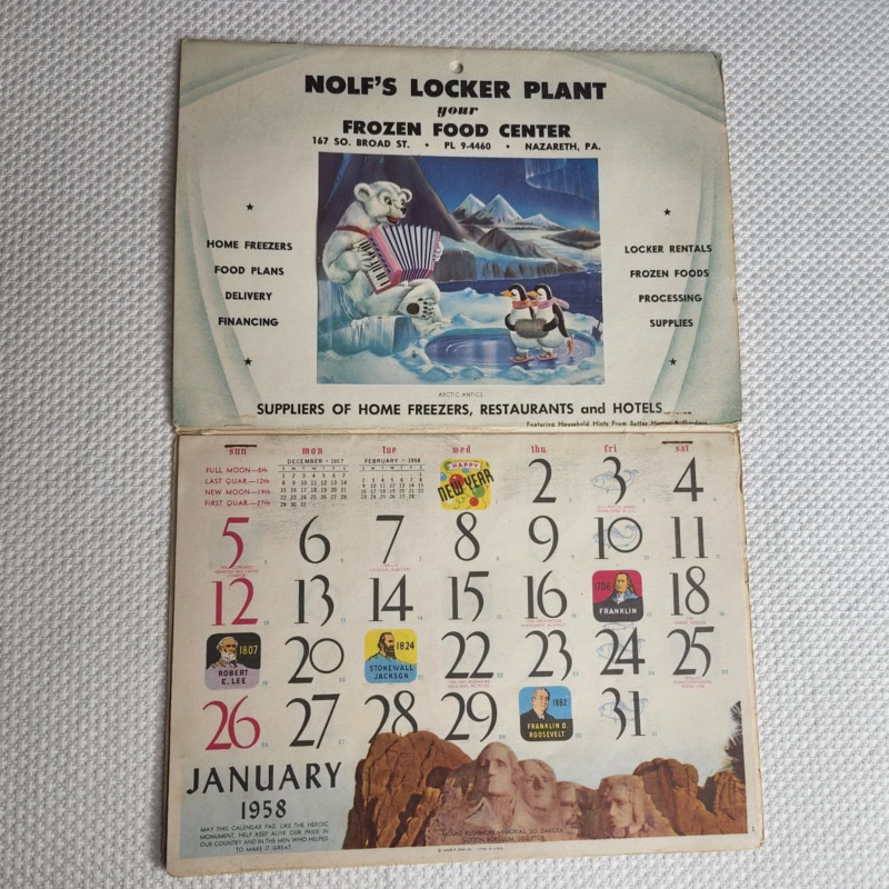 Vintage 50s Nolfs Locker Plant Freezer Calendar 1958 Advertising