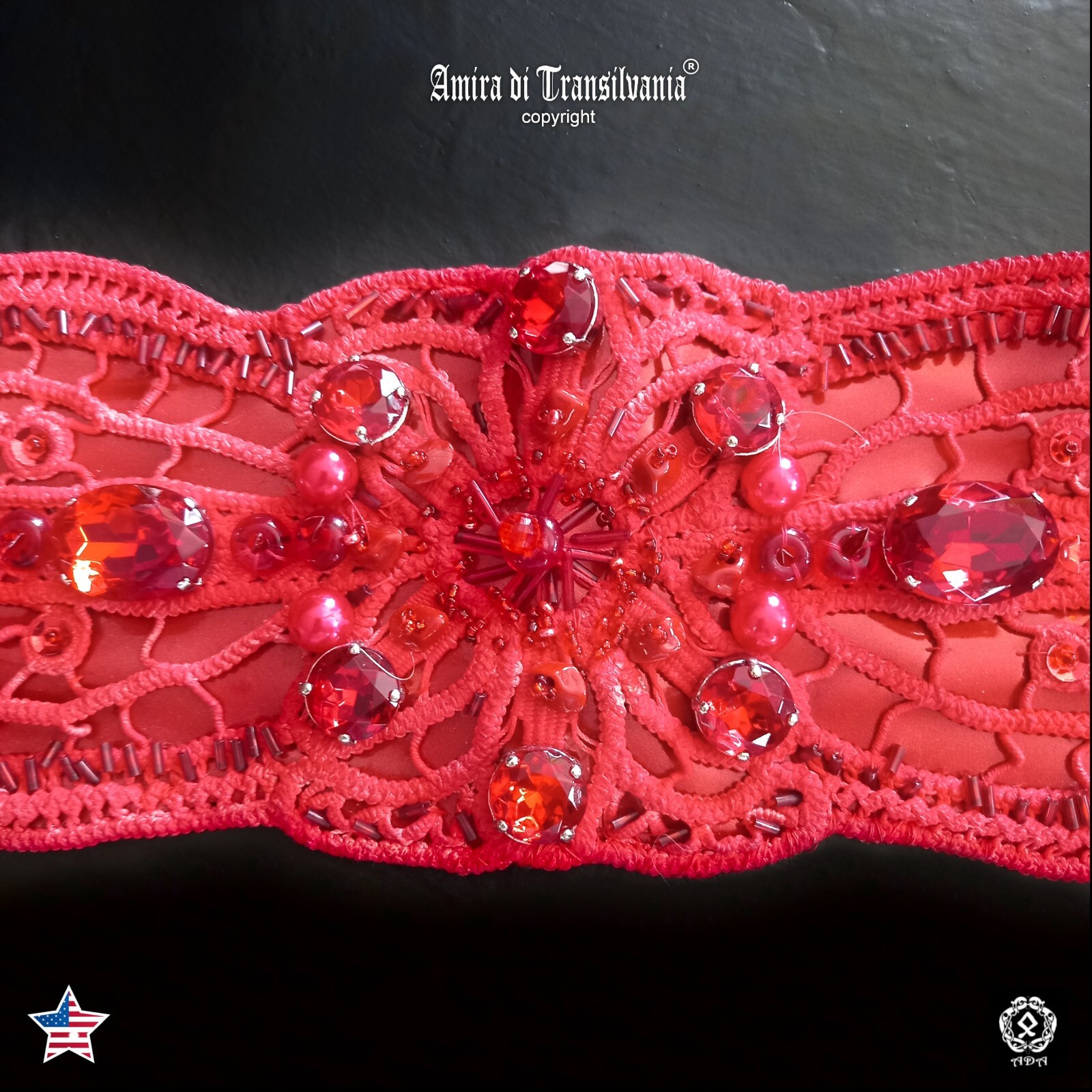 Pre-owned Amira Di Transilvania Women Accessories Belt Macrame Rhinestones Faux Leather Royal Handmade Red Beads