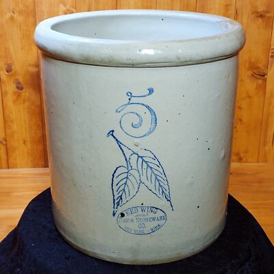 5 Gallon Red Wing Union Stoneware Birch Leaf Crock w/Ski Logo Circa 1895-1906