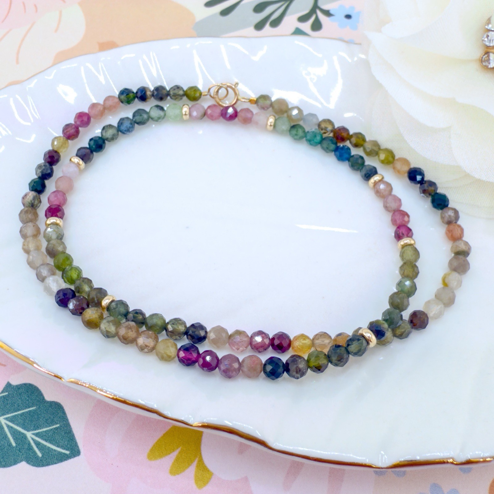 14k Yellow Gold Multicolor Tourmaline Bead Necklace, New 16