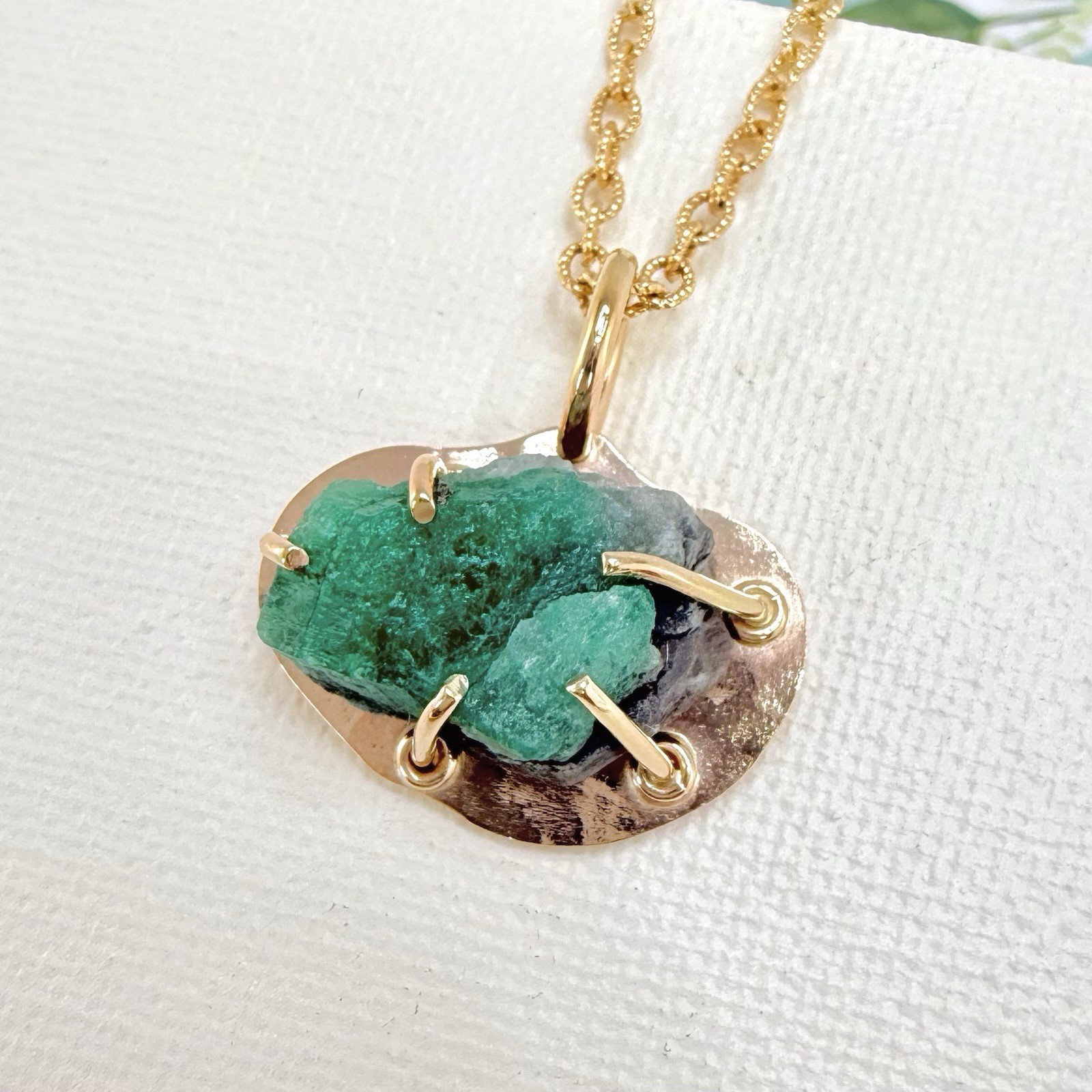 14k Yellow Gold Genuine Emerald Rough Freeform Modernist Pendant, New, Unisex - Picture 2 of 11
