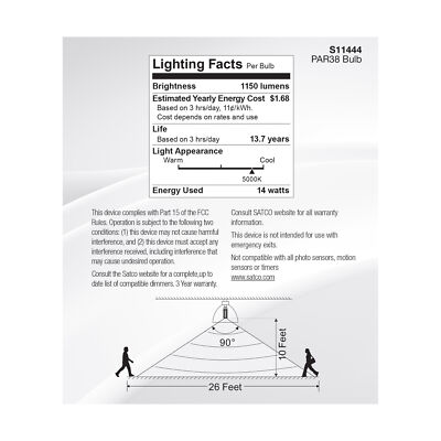 Motion Sensor Activated 40° Flood LED 120V 14W =100W PAR38 E26 5000K Natural