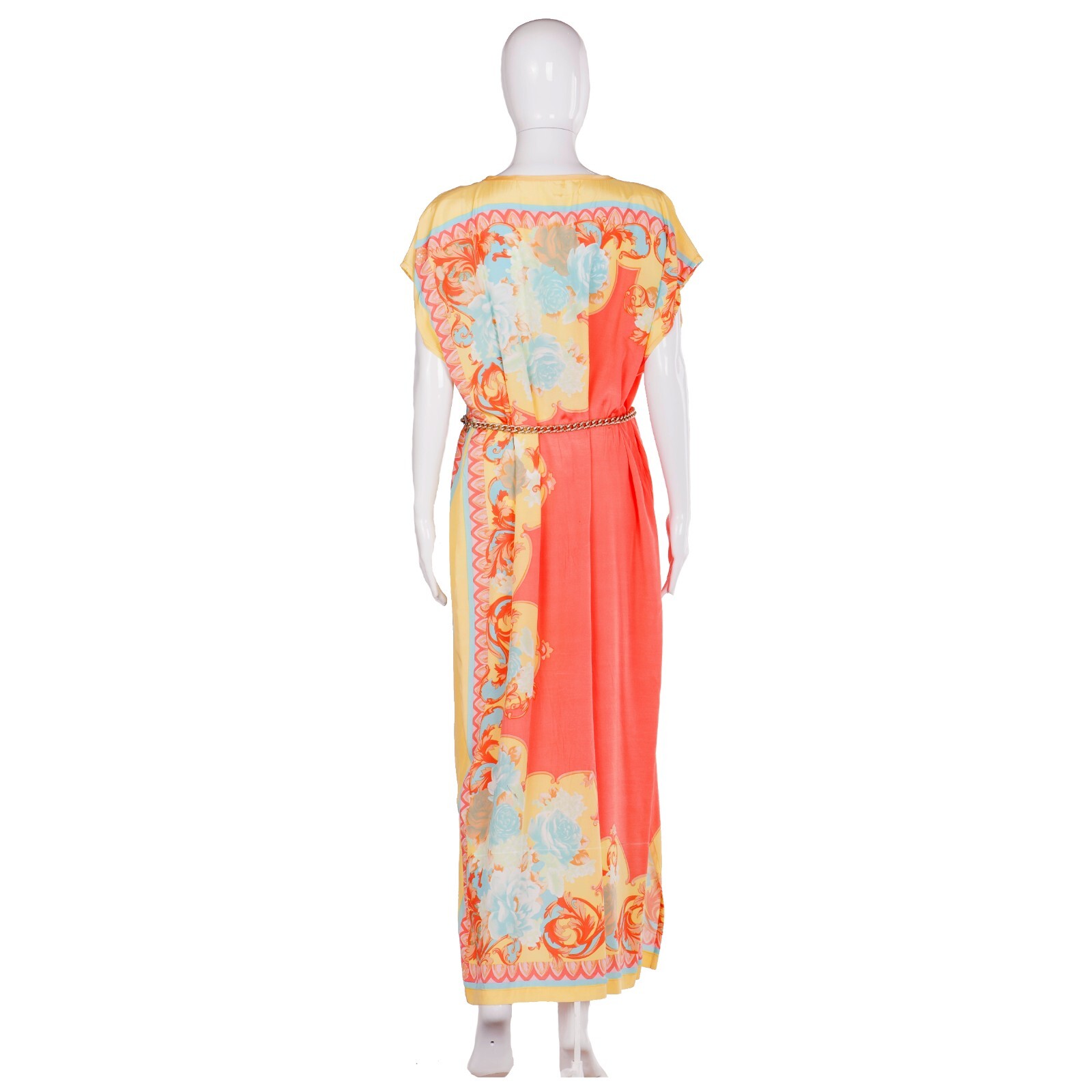 Pre-owned Curvy Couture Women Clothing Summer Griff  Long Dress Kaftan Roses Chiffon Salmon In Pink