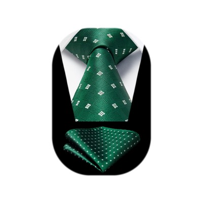 HISDERN Emerald Green Ties for Men Formal Plaid Tie with Pocket Square Set Me...