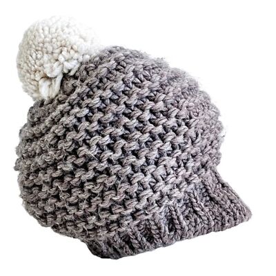 Raffaello Bettini Knitted White Pom Pom Gray Beanie Brimmed 