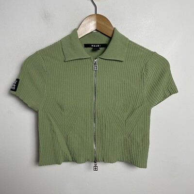 Ksubi Women's Zip Up Top Size Small Green Short Sleeve Stretchy Patch