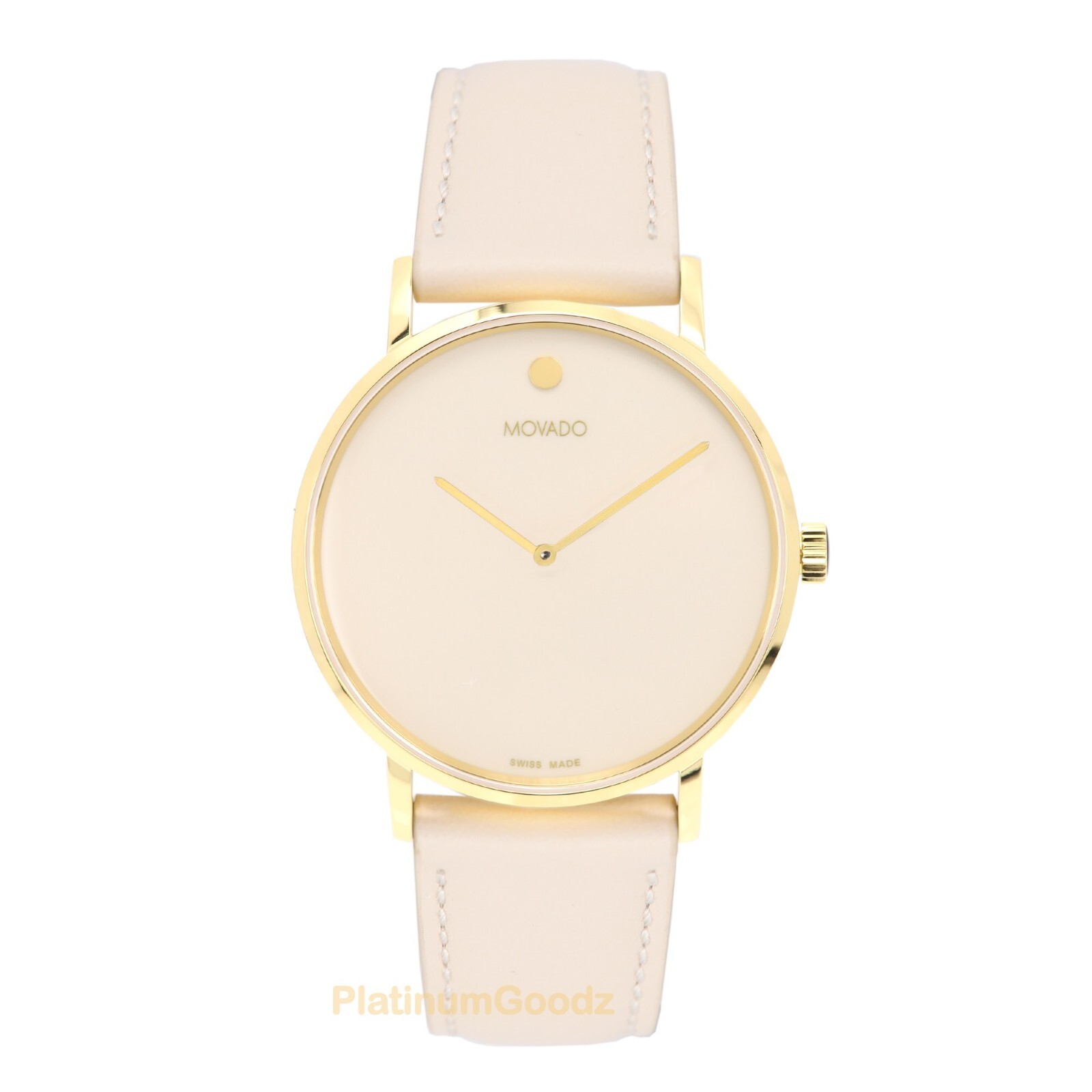 Pre-owned Movado Swiss Museum Signature Classic Beige Dial Beige Leather Strap Gold Watch