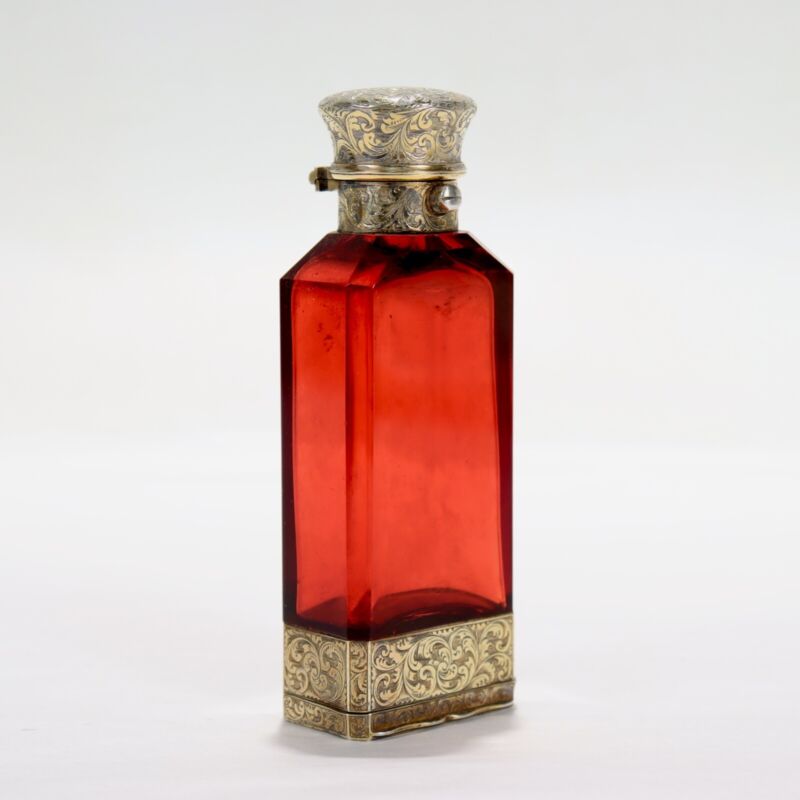 Antique Victorian S Mordan & Co Glass & Sterling Silver Vinaigrette Scent Bottle