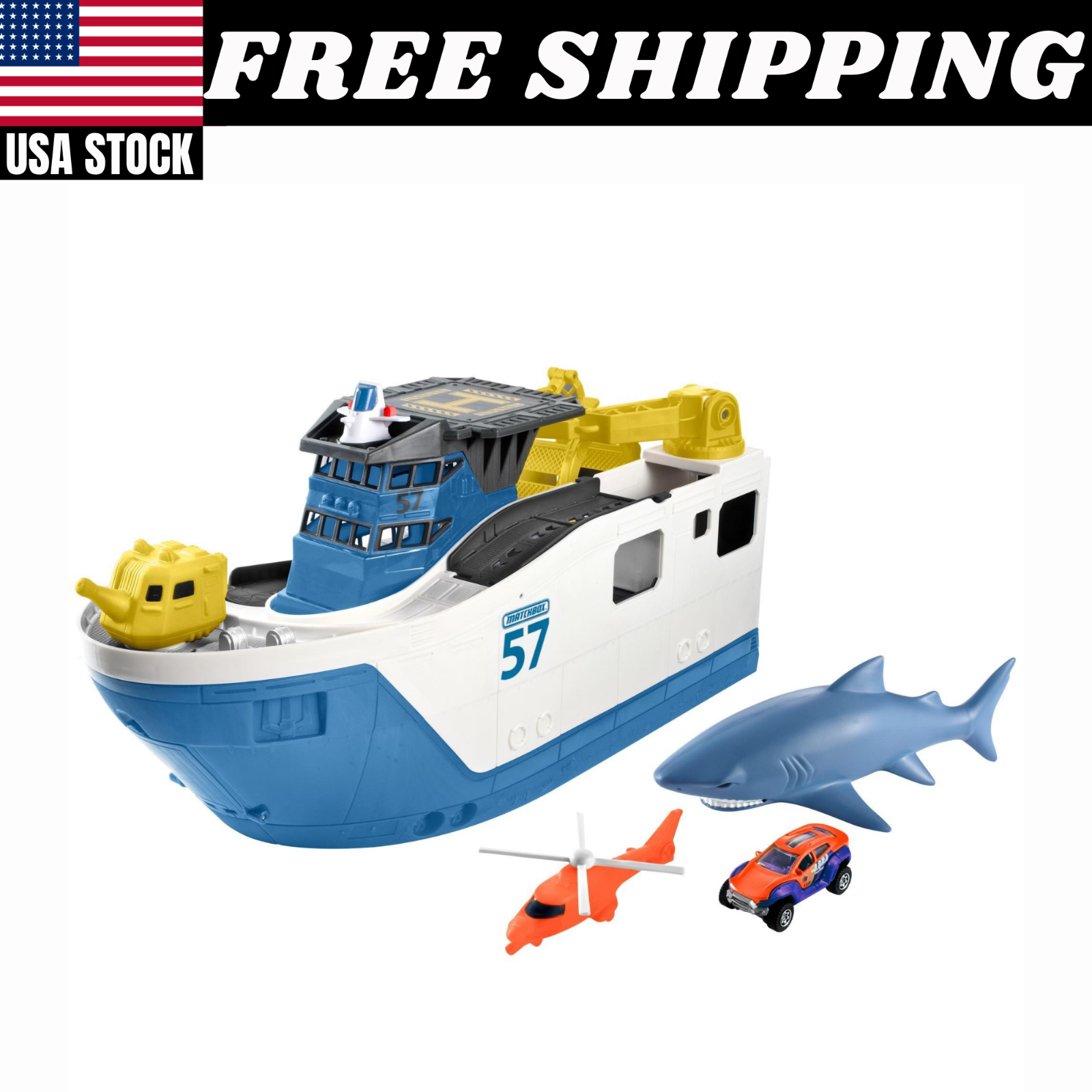 matchbox shark ship floats in water and rescue on land