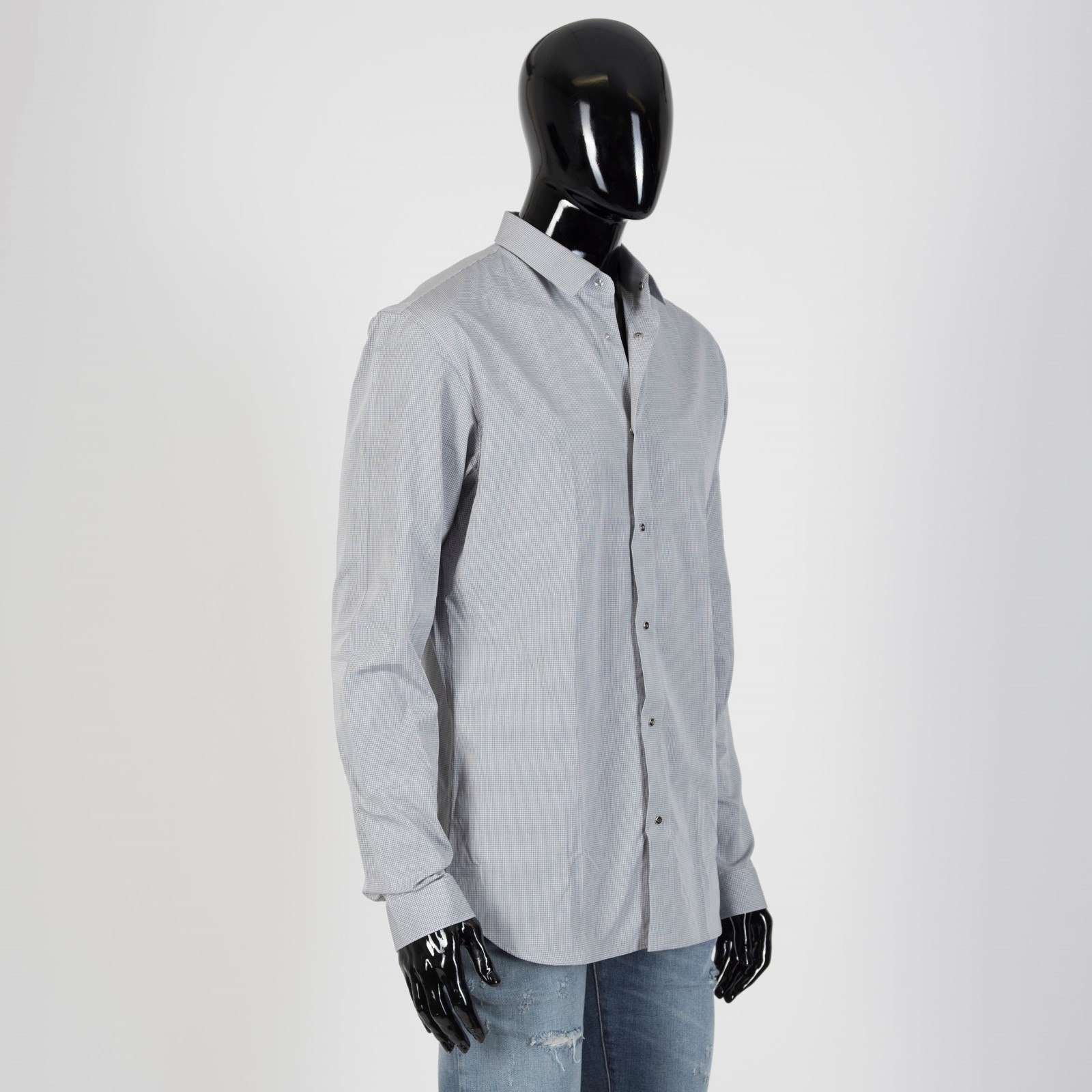 Pre-owned Dior 750$ Dress Shirt In Gray Micro Check Cotton Palladium-finished Snap Buttons